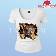 LANCAICAI Playful Alsatian Puppy T-shirt Form-Fitting U-Neck For Streetwear Outfits