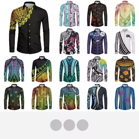 Polynesian Tribal Fijian Totem Tattoo Fiji Prints Men Party Shirt Long-Sleeved Button (USA SIZE XS S