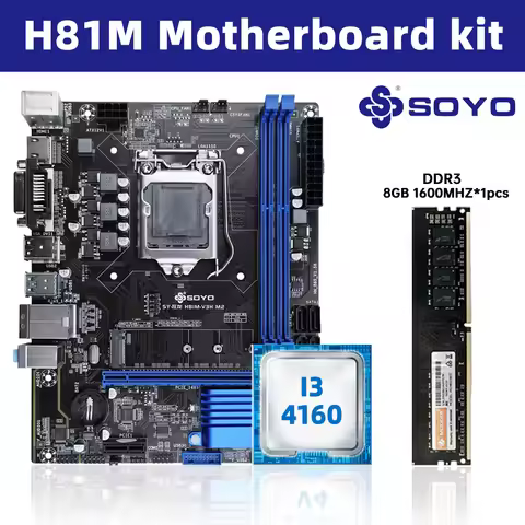 SOYO H81M Gaming Motherboard Set Intel i3-4160 Processor and DDR3 8GB 1600mhz RAM M.2 NVME PCIEx16 H