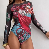 Vintage Mesh Print Swimming Suit for Women Long Sleeve High Waist One Piece Swimsuit Summer 2025 New