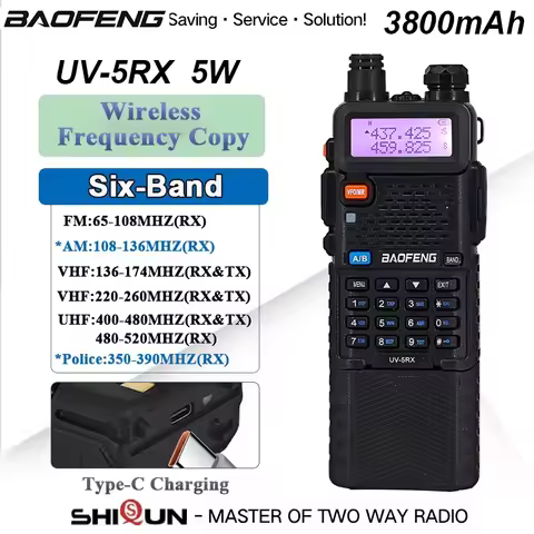 Baofeng UV-5RX Walkie Talkie Upgrade UV-5R M-5R Six-Band AM FM Ham Radio 3800mah Type-C Charging Bat