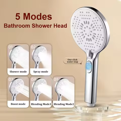 High Pressure Shower Head with One-click Stop Adjustable 5 Modes Shower Head Handheld Powerful Spa S