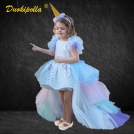ZZOOI Kids Rainbow Unicorn Dress with Long Tails Angel Wings Party Dress for Girl Princess Costume L