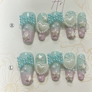 Y2K Vintage Cute Pink Green Gradient Handmade Press On Nails 3D Bow Star Heart Pearl Fake Nails Kawa
