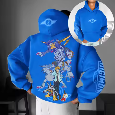 Digimon Anime Cotton Hoodie Blue Color Character Print with Tai Agumon Gabumon Group Dynamic Pose Mu