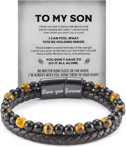 Son's Tiger Eye Protection Bracelets For Men, To My Son Bracelet Leather Beaded Bangle Engarved Love