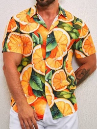 Manfinity RSRT 男士橘子水果印花短袖鈕扣襯衫