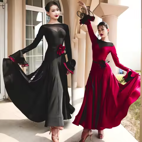 Waltz Ballroom New Flare Sleeve wine red Black Fishbone Skirt Standard Dance Skirt Competition Team 