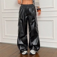 Women's Fall/Winter Streetwear Going Out Y2K Rapper Basic Athleisure Leather Black Cargo Pants Baggy