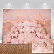 Princess Pink Carousel Backdrops Cake Smash Child Baby Photo Props Adult Kids Decors Balloon Photogr