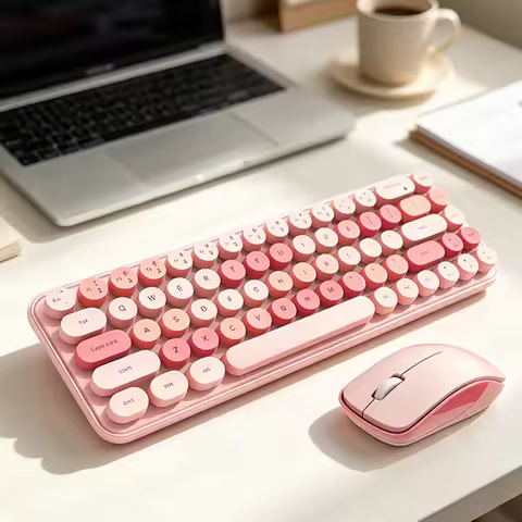 MOFii Pink Gradient Wireless Combo, 75% Compact Retro Round Detachable Keycaps Ergonomic 2.4G Keyboa