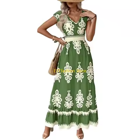 Y5GC Women's Summer Casual V-neck Bohemian Long Dress Loose A-line Floral Dress with Pockets