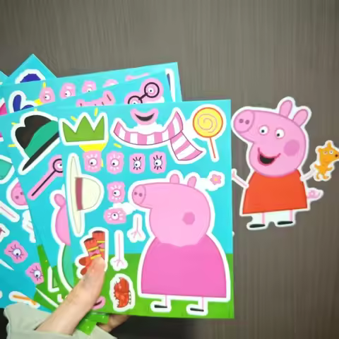 2026 new 16 Peppa Pig family assembly puzzle cartoon stickers, pink and blue parent-child educationa