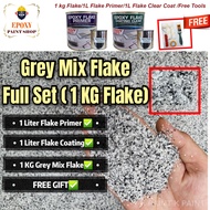 Epoxy Flake Coating Clear Full Set with Grey Mix Flake 1KG (1L Flake Primer + 1Liter Flake Coating CLear + 1 KG Grey Mix Flake + Free Gift) for Tiles, Mozek Jubin Cement and Concrete Surface .Special Edition