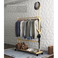 Modern Bamboo Wooden Clothes Hanger Coat Tempat Gantung Baju Hotel Style Dengan Roda Organiz Clothes