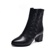 Boots Korean High Heels Thick Heels Boots Women Leather Black Boots Women Shoes