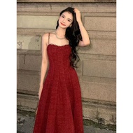 MILI Retro Dress Red Hepburn Style Elegant Temperament Long Skirt Suspender Skirt 3XL Large Size Nar