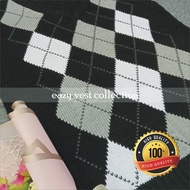 R71 - Rompi Rajut Pria & Wanita | Warna Hitam Motif Kotak Garis Abu Putih | Vest Bahan Premium 100%