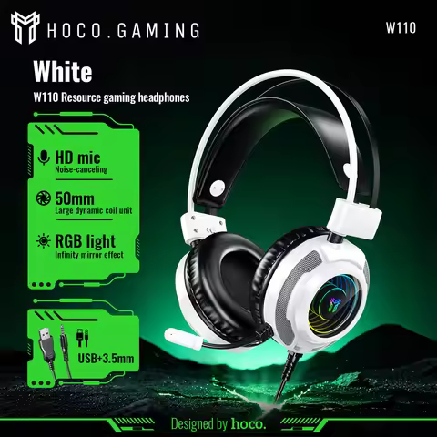 HOCO Gaming Wired Headphone with Dynamic RGB Light Microphone Earphones For Laptop Desktop Computer 
