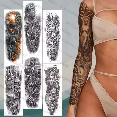 Angel Full Arm Temporary Tattoos Sleeves For Women Men Adults Realistic Dove Rose Clock Fake Tattoo 