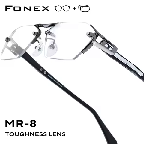 FONEX Progressive Prescription Glasses Custom Myopia Optical Lenses Eyewear Men Rimless Eyeglasses W