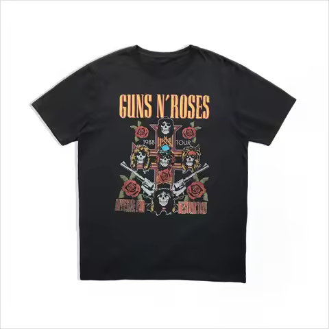 Pistol Rose Pattern Guns N 'Roses Rock Guns and Roses Band Casual T-Shirt Men's and Women's Luxury B