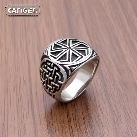 Punk 316L Stainless Steel Vikings Slavic Wheel Amulet Ring Scandinavian Runic Vikings Rings Jewelry