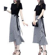 LEO.MAN 2-Piece Dress Set Short-Sleeved Shirt + Plaid Skirt With Side Tie Cute Fashion Model W857