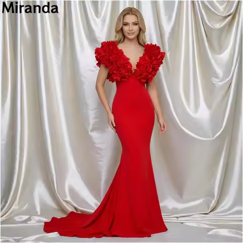 Miranda Customize Red Shoulder Deep V Front Slim‑Cut Mermaid Train Skirt Wedding Reception Parties w