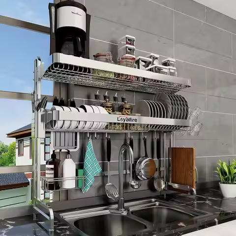 Adjustable Stainless Steel Over Sink Dish Drying Rack with 3 Tiers and Organizers, Expandable from 2