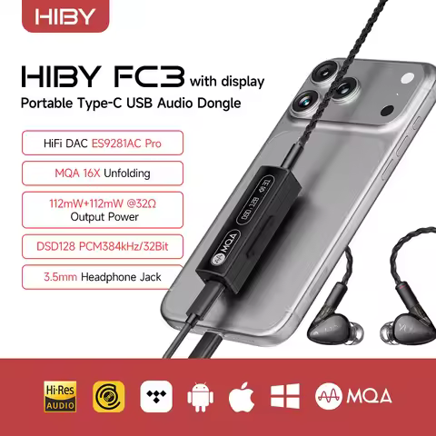 HiBy FC3 MQA Dongle Type C to 3.5mm 112mW Output USB DAC Audio HiFi Decoder Headphone AMP PCM384 DSD