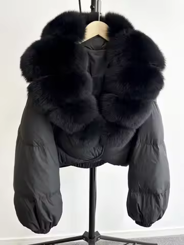 Janveny Real Fur Coat Women Luxury 2026 Winter 90% White Duck Down Jacket Super Big Natural Fox Fur 