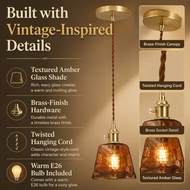 Vintage Amber Glass Pendant Light with Brass Gold Socket E26/7 Holder and Switch,Adjustable Cord Car