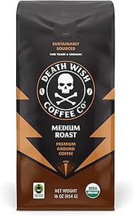 Death Wish Coffee Medium Roast Grounds - 16 Oz - The World's Strongest Coffee - Lighter Blend of Bol