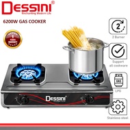 DESSINI 6200W Gas Cooker 2 Burner LPG Dapur Gas Stainless Steel Auto Ignition DS-7332