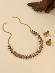 3 ชิ้น/เซ็ต Elegance Faux Pearl จี้ Rhinestone สี Bollywood StyleJewelry ชุดเหมาะสำหรับสุภาพสตรีจัดเ