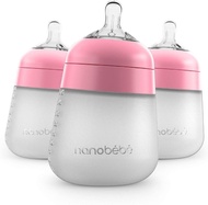 [3010A] Nanobebe Flexy Silicone Baby Bottles, Anti-Colic, Natural Feel, Non-Collapsing Nipple, Non-Tip Stable Base, Easy to Clean, 3-Pack, Pink, 270ml