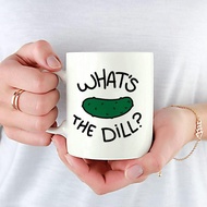 1 Funny "What's Dill?" Ceramic Coffee Mug - Reusable, Hand Wash Only, White with Green Pickle Graphi
