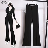 M-6XL High Waist Black Split Flare Suit Pants, Plus Size Women Slim Trousers