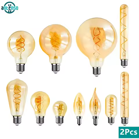2Pcs LED Edison Light Bulb E14 E27 4W 220V Retro Filament Bulb C35 ST64 G80 G95 G125 Warm Yellow Liv