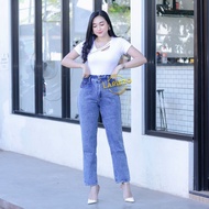 Boyfriend Higwaist Jeans Pinggang Karet Kerut Kancing 2 Kain Tebal Celana Jeans Wanita Kekinian Real