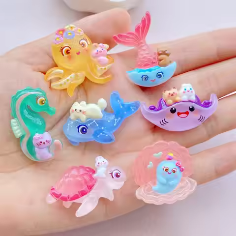 7PCS New Models Colorful Cartoon Turtle, Seahorse, Whale Ocean Series Resin Scrapbook DIY Jewelry Ha