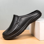 Plus Size 46 Non Slip Chef Shoes Mens Casual Leather Shoes Baotou Half Slippers Lazy Shoe Slip-on Dr