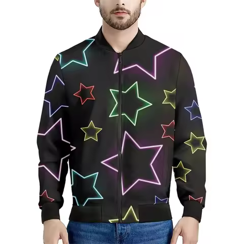 Spring Autumn Mens Bomber Jacket Five-pointed Star 3D All Over Printed Zip Tracksuits Unisex Casual 