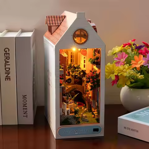 OUZEY DIY Wooden Bruges Ancient City Book Nook Miniature Model Kits With Furniture Bookshelf Bookend