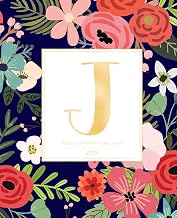 Weekly & Monthly Planner 2019: Navy Florals with Red and Colorful Flowers and Gold Monogram Letter J