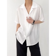 Non-ironing Loose Short-sleeved Shirt for Men Fashion Causal Stripe Plain Polo Shirt Black Grey