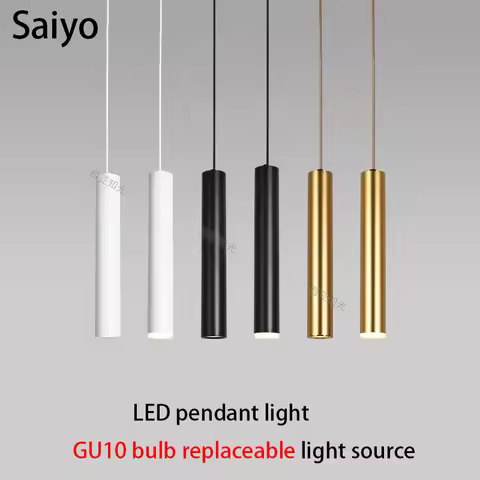 Led Pendant Light GU10 MR16 Changeable Bulb Bedroom Bedside Hanging Ceiling Lamp Long Round Tube Spo