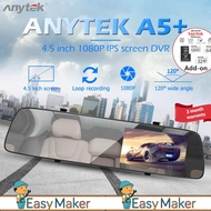 Anytek A5+ Rearview Mirror Dash Cam 4.5" Display DVR Full HD 1080P DashCam Dual Channel Recorder