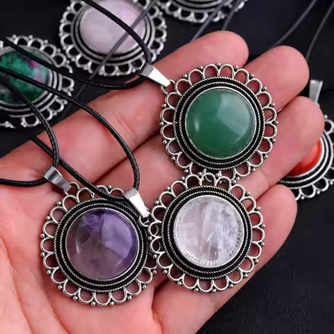 Lace Agate Necklace Vintage Style Round Pendant Necklace Handmade Necklace Gemstone Necklace Crystal